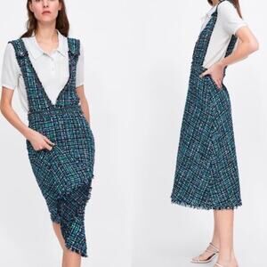 Zara NWOT Green Multi Tweed Classy Trending Overall A-Line Midi Dress Small